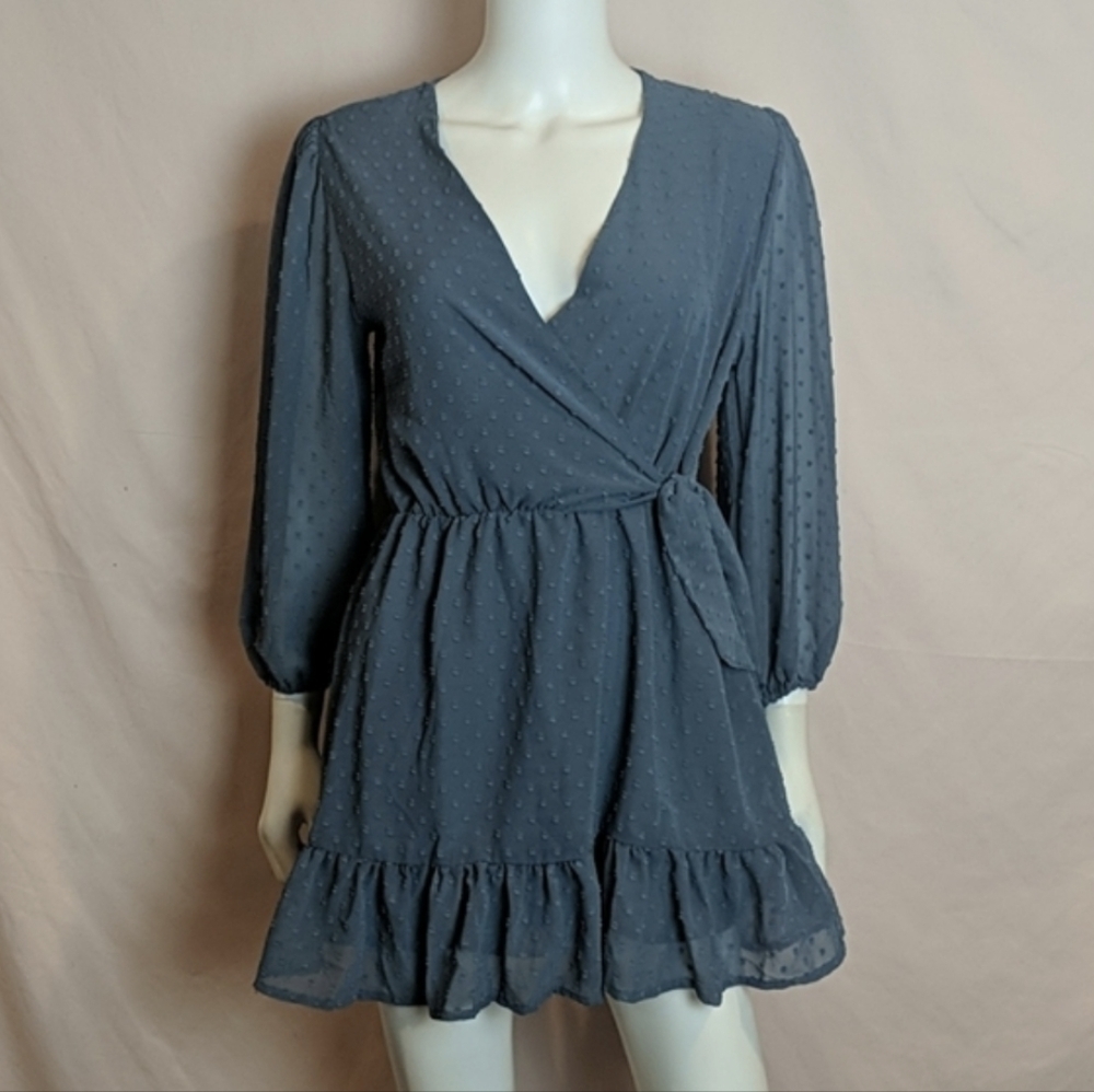 Goodnight Macaroon Blue Long Sleeve V Neck Simon Mini Dress with Built in Shorts